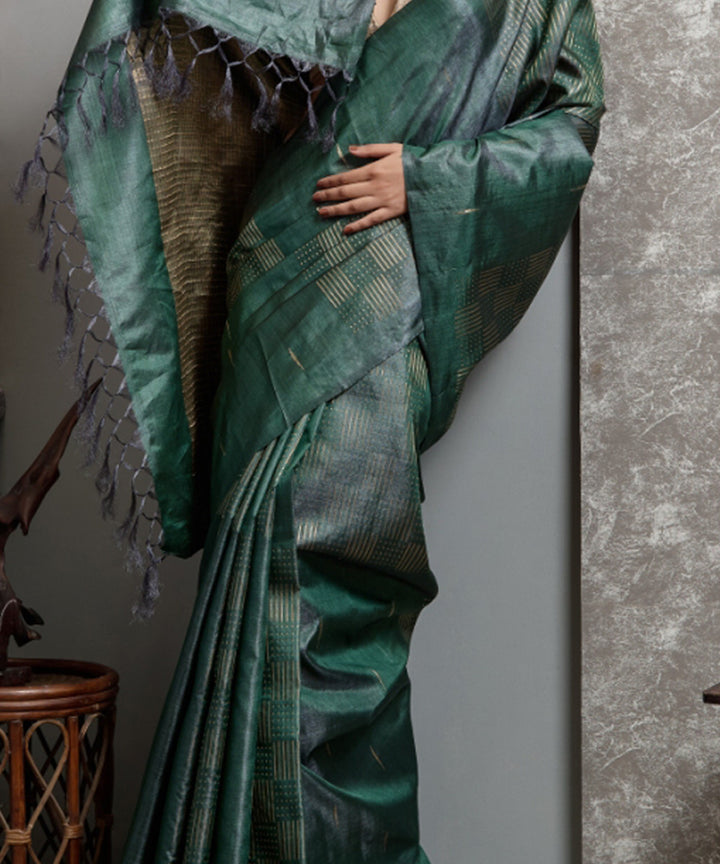 Dark green chhatisgarh tussar silk handwoven saree