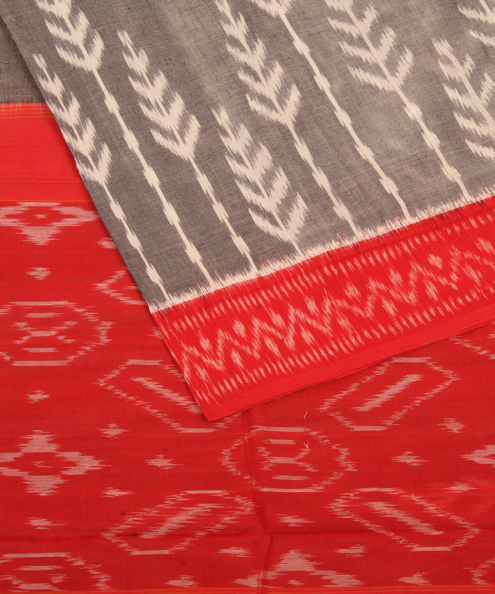 Grey red pochampally ikat cotton handloom saree