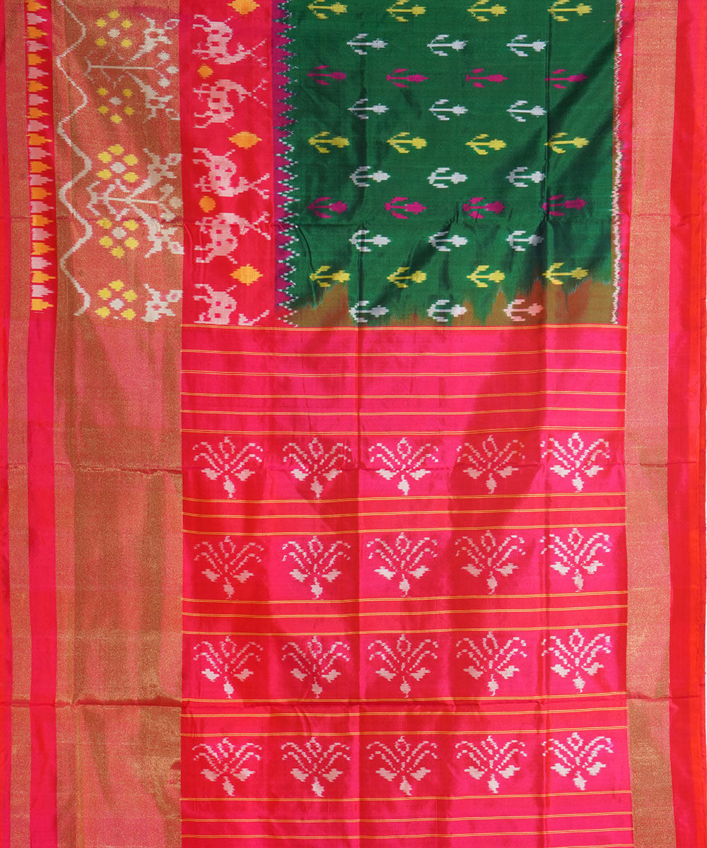 Dark green pink handwoven pochampally ikat silk saree