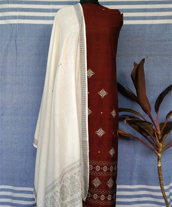 Maroon white handwoven cotton bomkai dress material