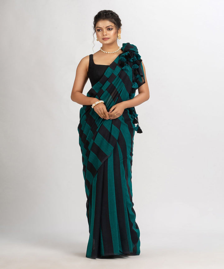 Dark teal and black handwoven cotton stripes bengal saree