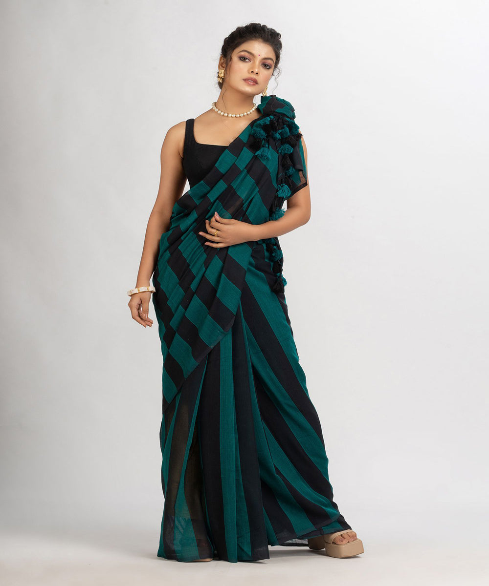 Dark teal and black handwoven cotton stripes bengal saree