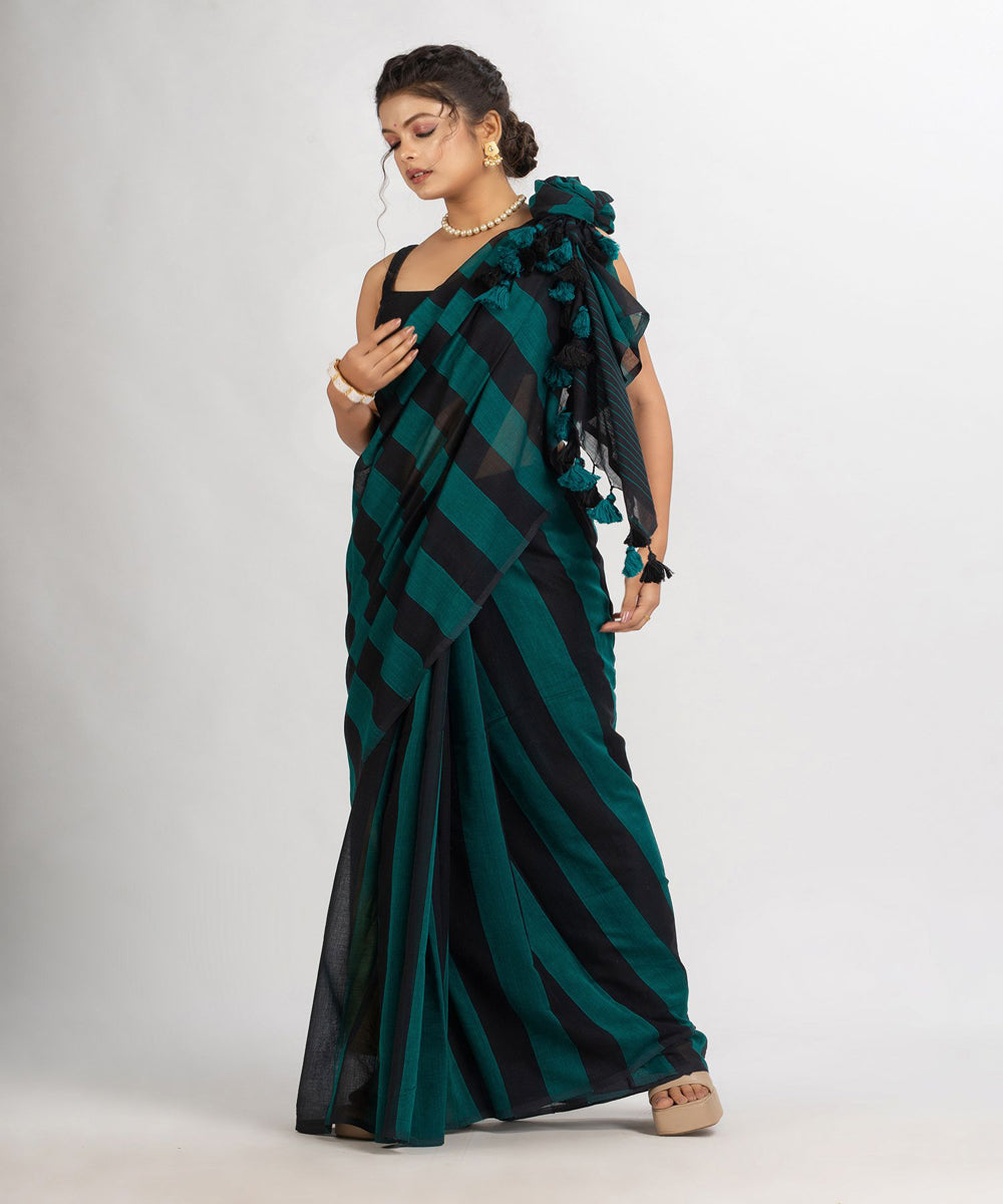 Dark teal and black handwoven cotton stripes bengal saree