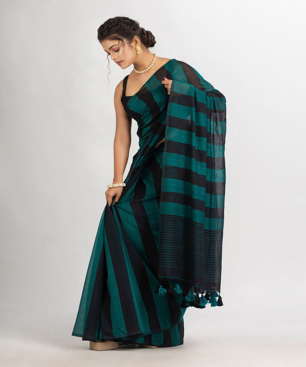 Dark teal and black handwoven cotton stripes bengal saree