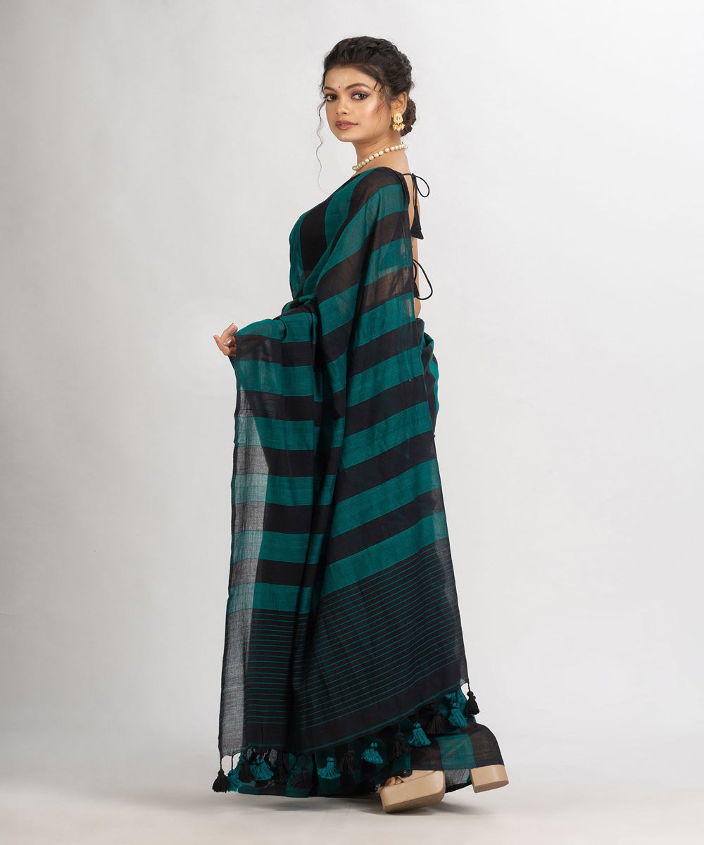 Dark teal and black handwoven cotton stripes bengal saree