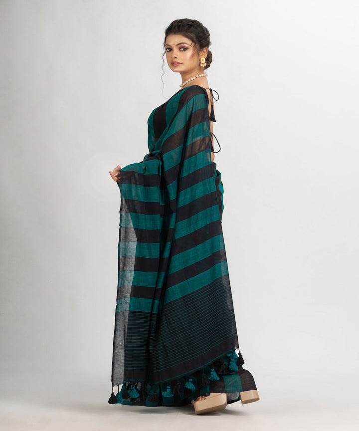 Dark teal and black handwoven cotton stripes bengal saree