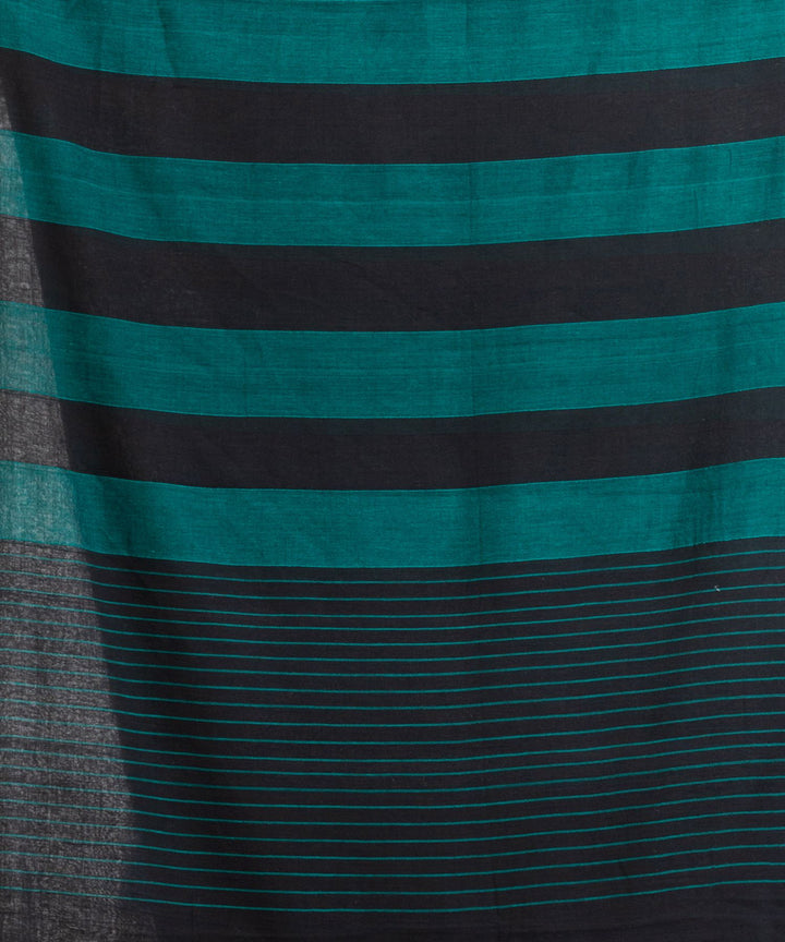 Dark teal and black handwoven cotton stripes bengal saree