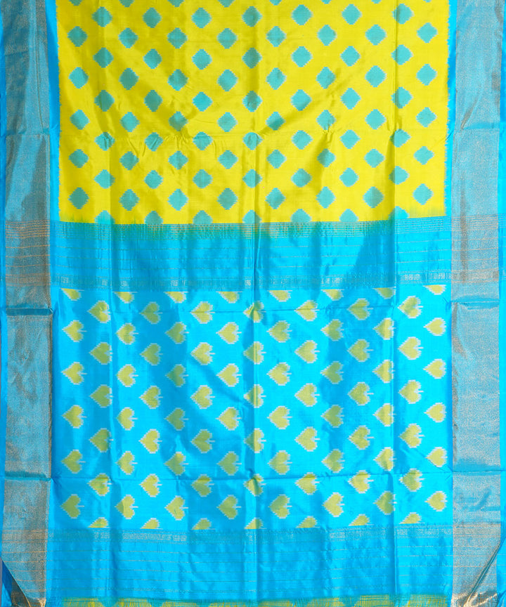 Yellow blue handwoven pochampally ikat silk saree