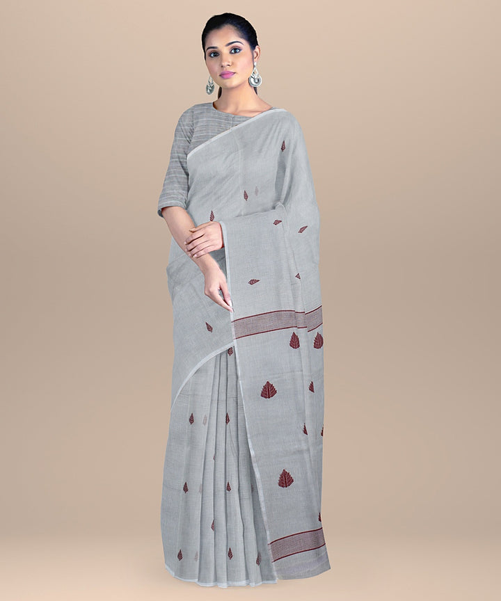 Offwhite maroon handloom cotton bengal saree