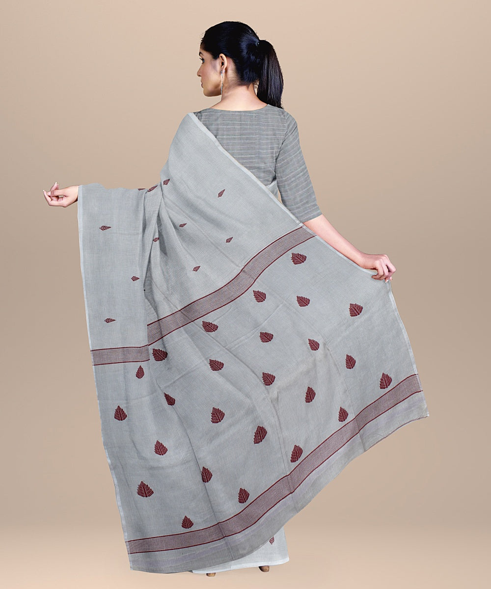 Offwhite maroon handloom cotton bengal saree