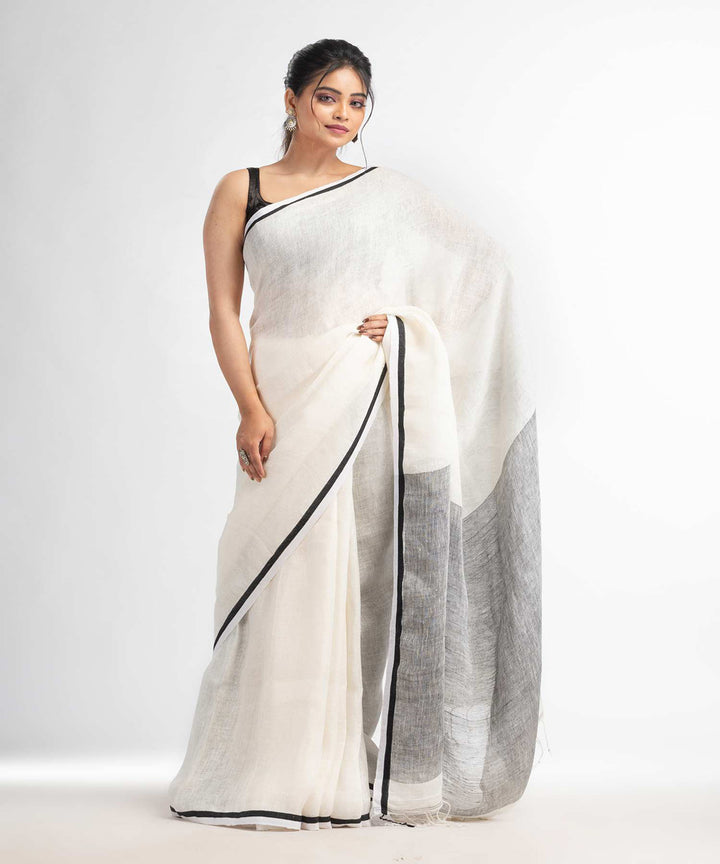 White grey handwoven bengal linen saree