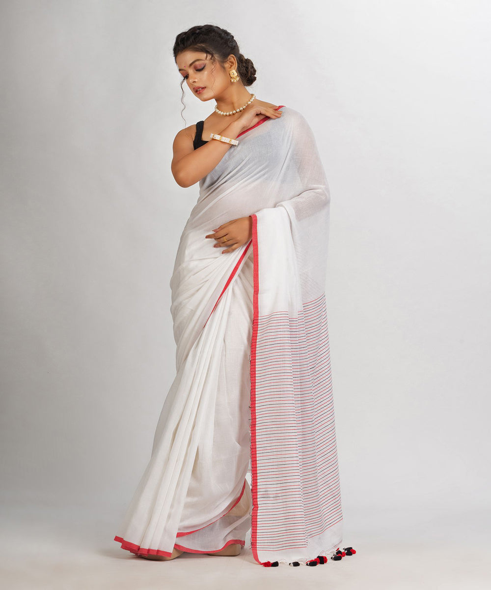 White red handwoven cotton stripes bengal saree