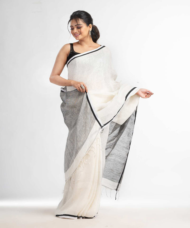 White grey handwoven bengal linen saree