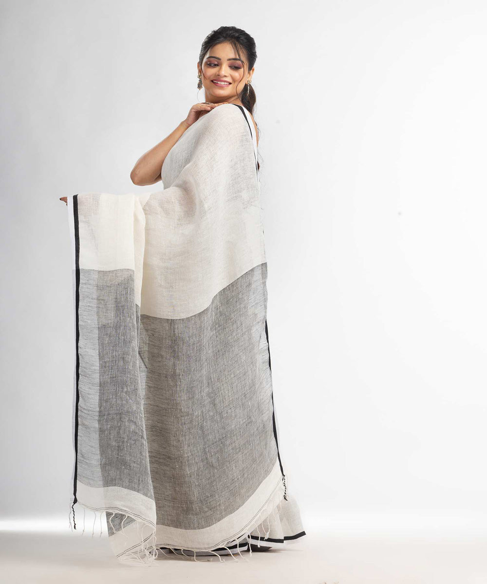 White grey handwoven bengal linen saree