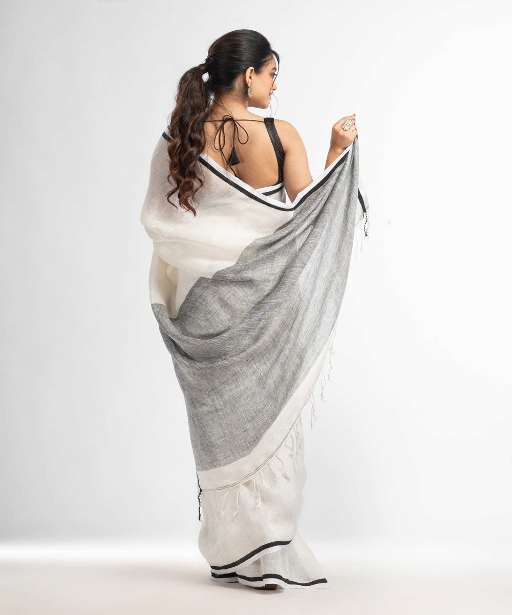 White grey handwoven bengal linen saree