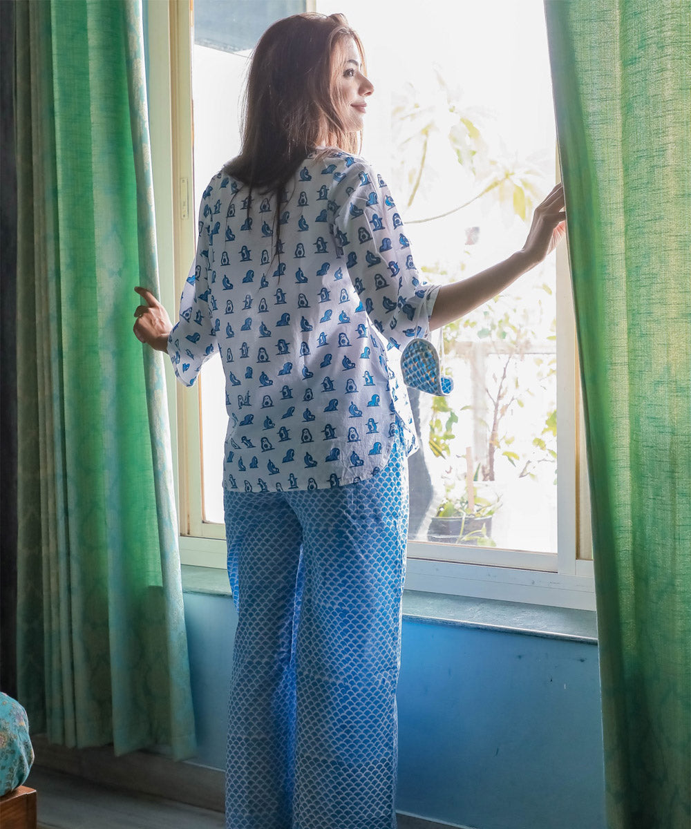 Blue white floral handblock printed cotton night set