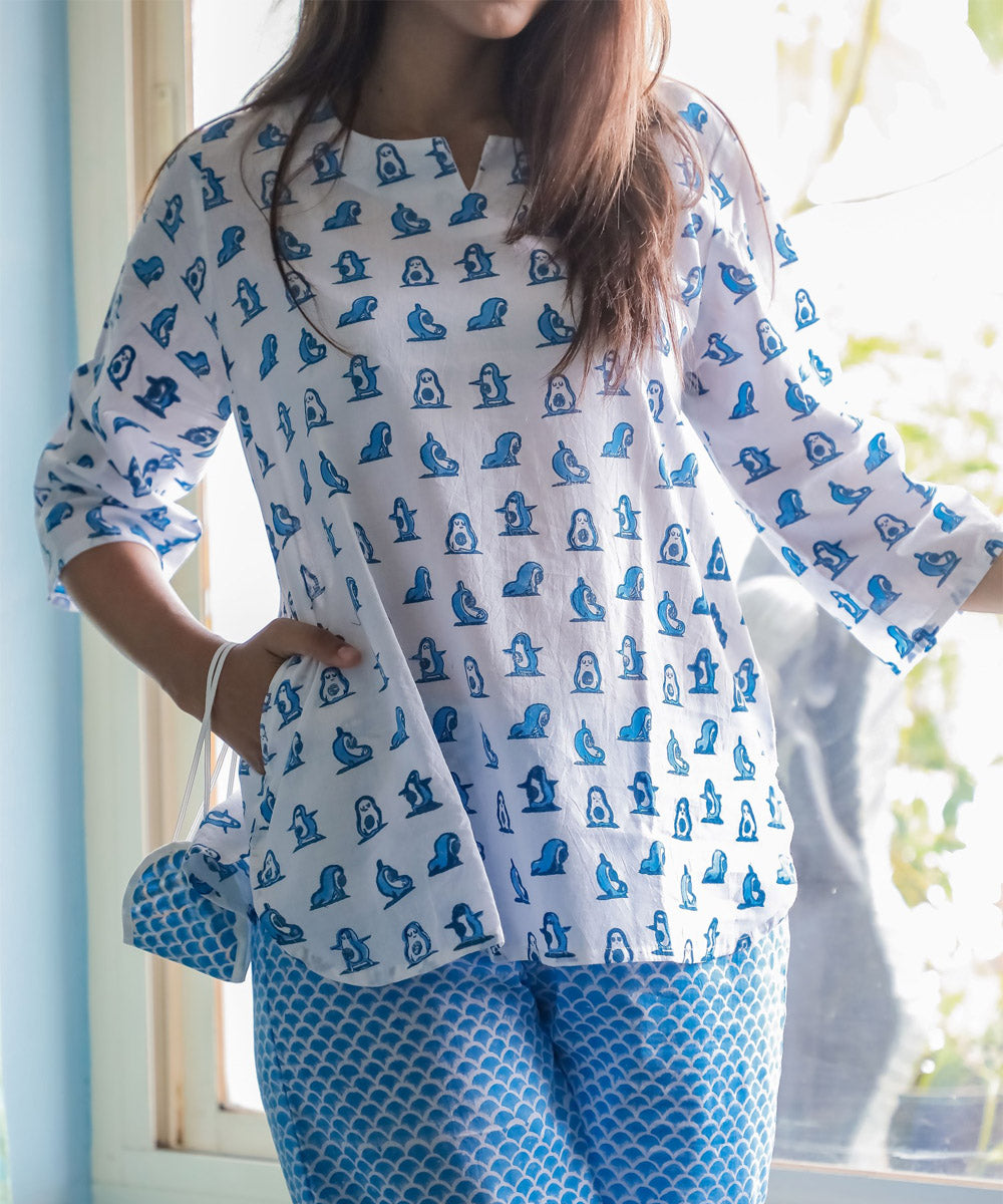 Blue white floral handblock printed cotton night set