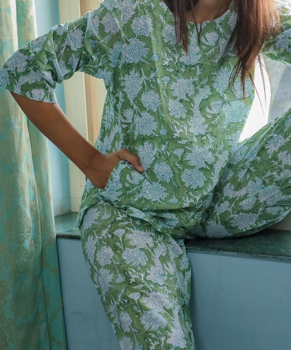 Green floral handblock printed cotton night set