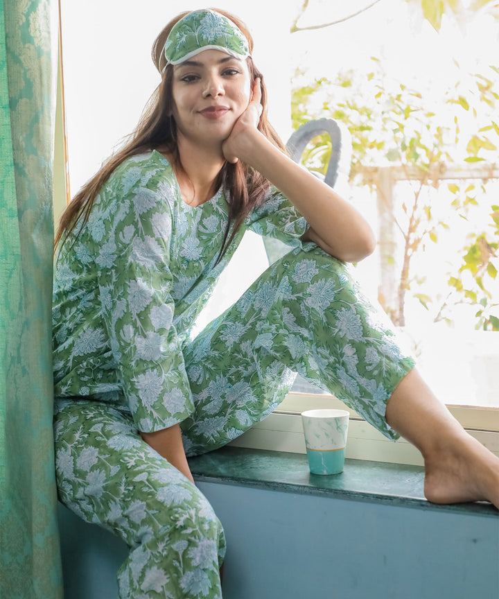 Green floral handblock printed cotton night set