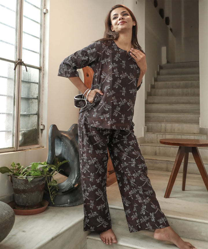 Brown floral handblock printed cotton night suit set