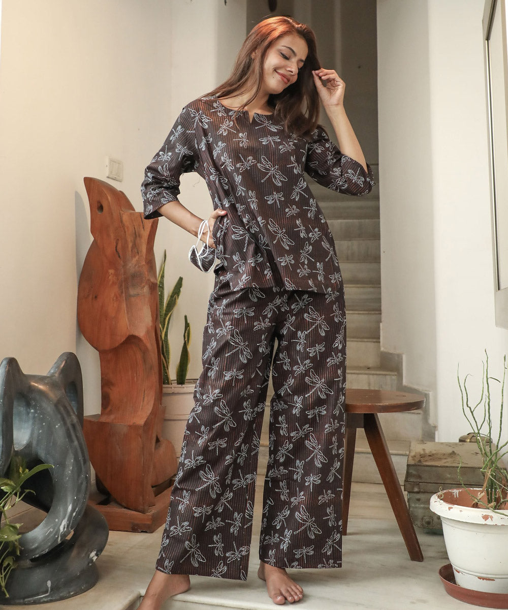 Brown floral handblock printed cotton night suit set