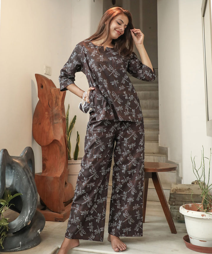 Brown floral handblock printed cotton night suit set