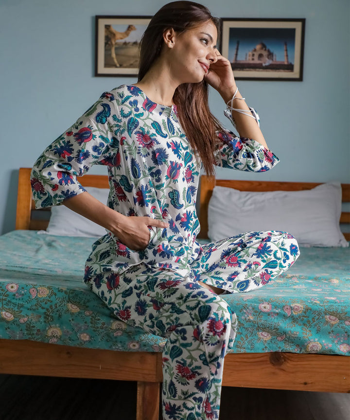 White blue floral handblock printed cotton night suit set