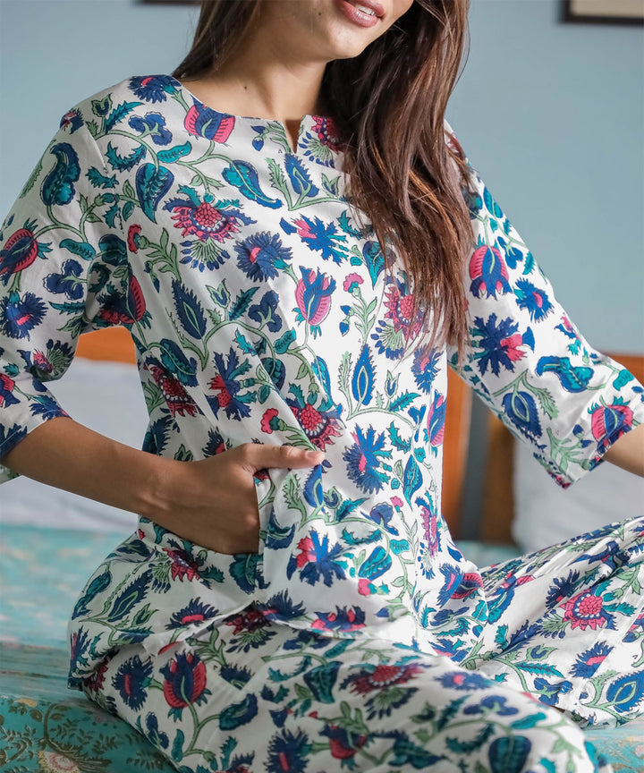 White blue floral handblock printed cotton night suit set