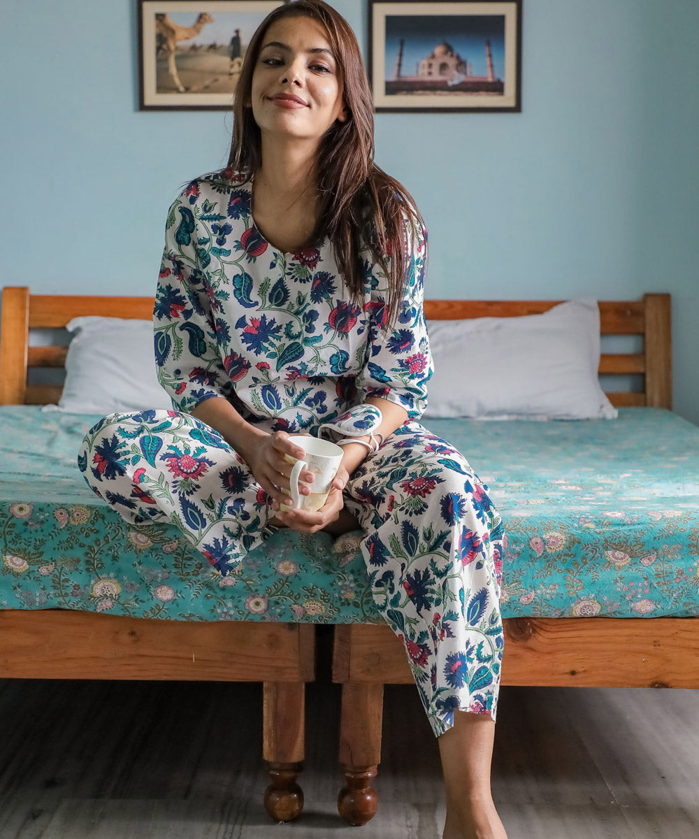 White blue floral handblock printed cotton night suit set