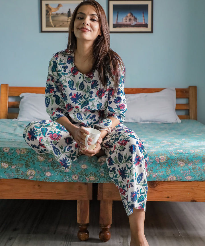 White blue floral handblock printed cotton night suit set