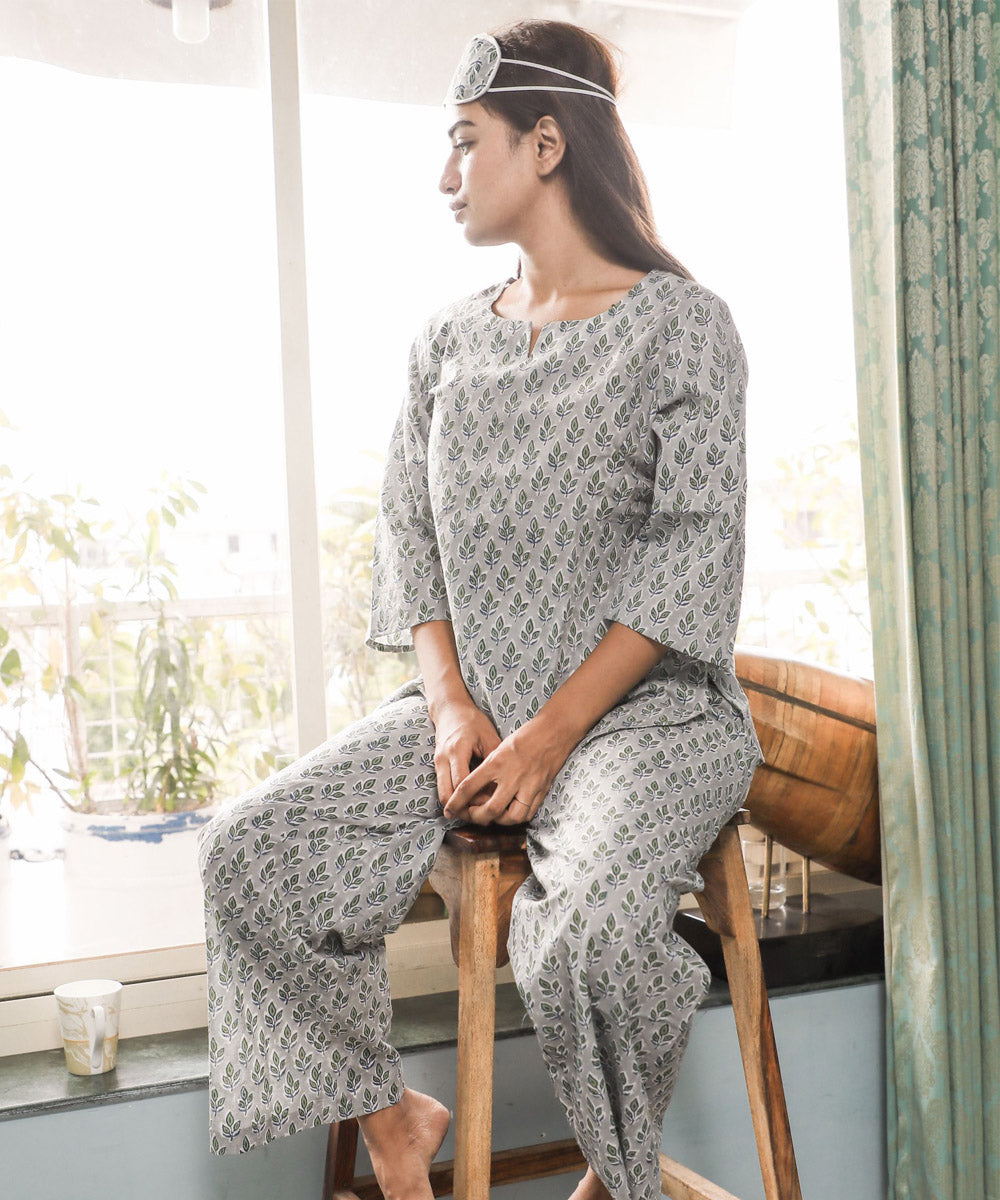 Grey floral handblock printed cotton night suit set