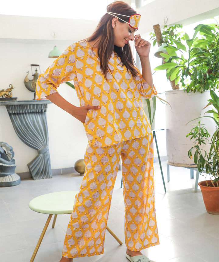 Yellow floral handblock printed cotton night suit set