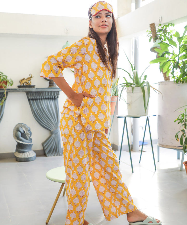 Yellow floral handblock printed cotton night suit set