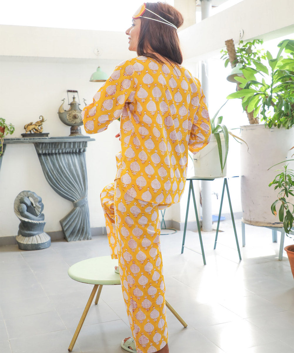 Yellow floral handblock printed cotton night suit set