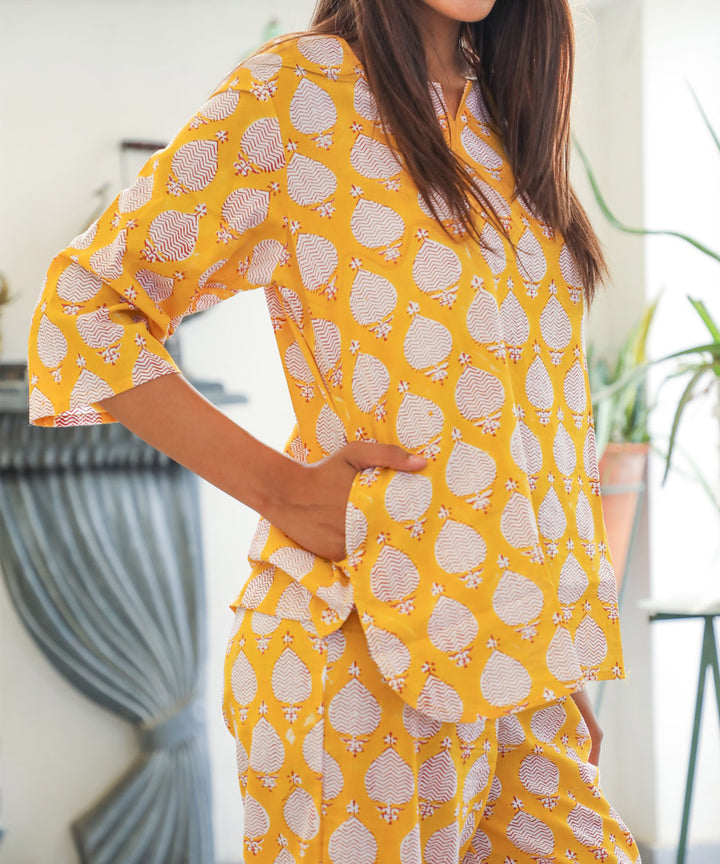 Yellow floral handblock printed cotton night suit set