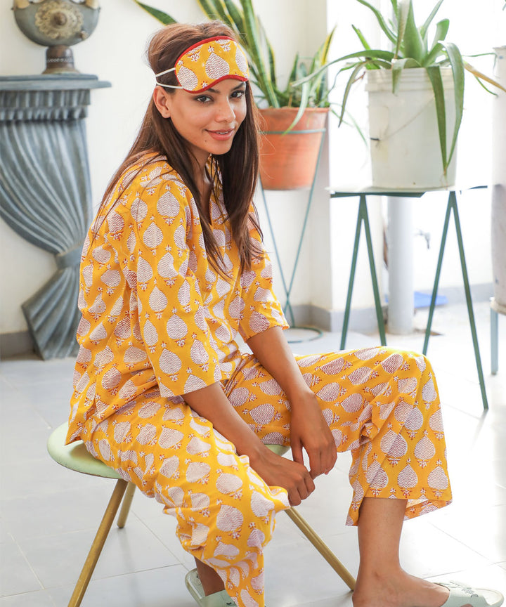 Yellow floral handblock printed cotton night suit set