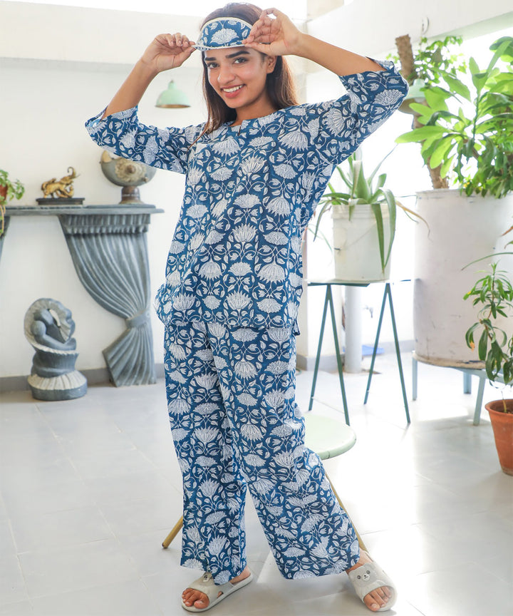 White blue big floral handblock printed cotton night suit set