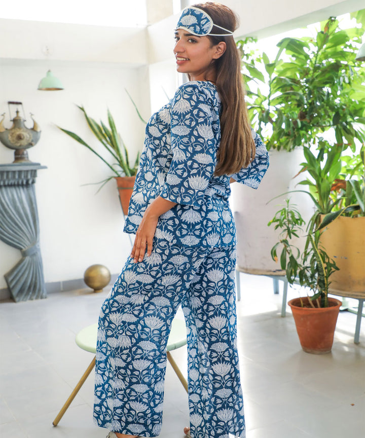 White blue big floral handblock printed cotton night suit set