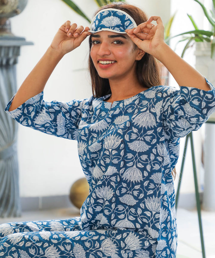 White blue big floral handblock printed cotton night suit set