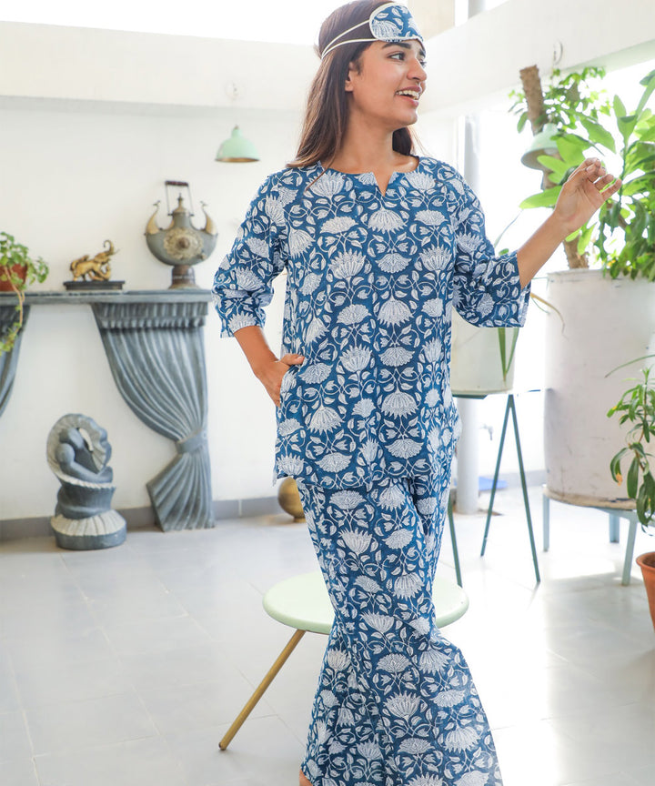 White blue big floral handblock printed cotton night suit set