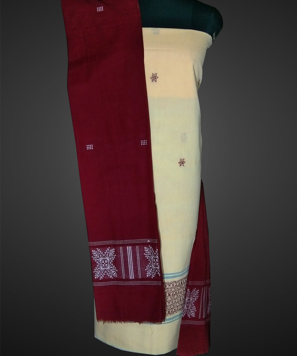 Cream maroon handwoven cotton bomkai dress material