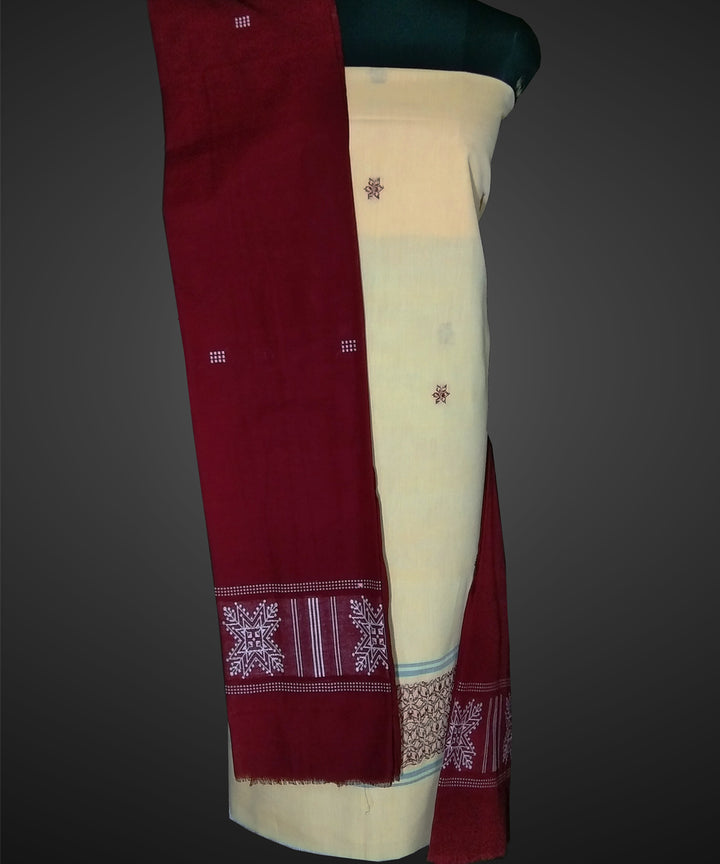 Cream maroon handwoven cotton bomkai dress material