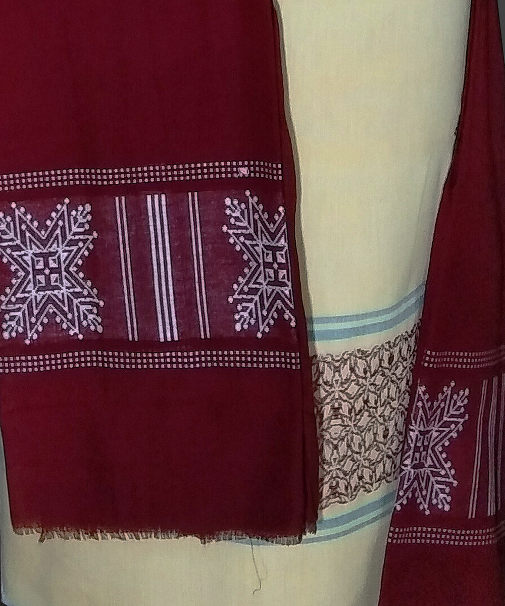 Cream maroon handwoven cotton bomkai dress material