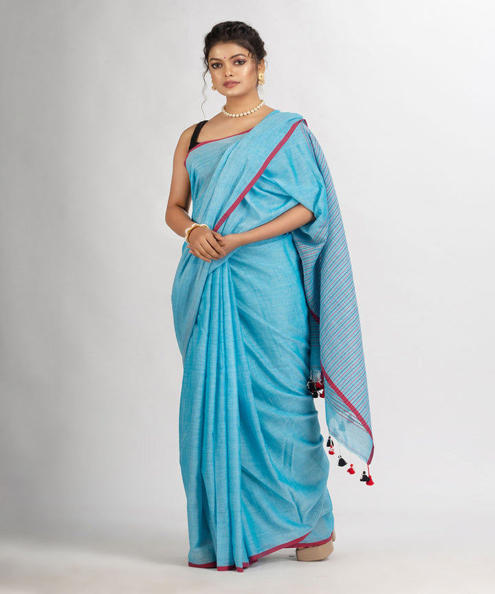 Sky blue handwoven cotton stripes bengal saree