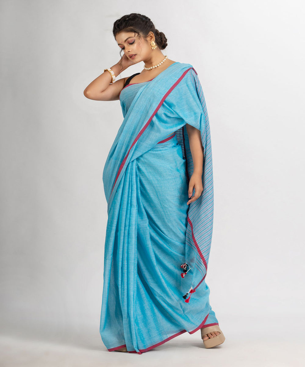 Sky blue handwoven cotton stripes bengal saree