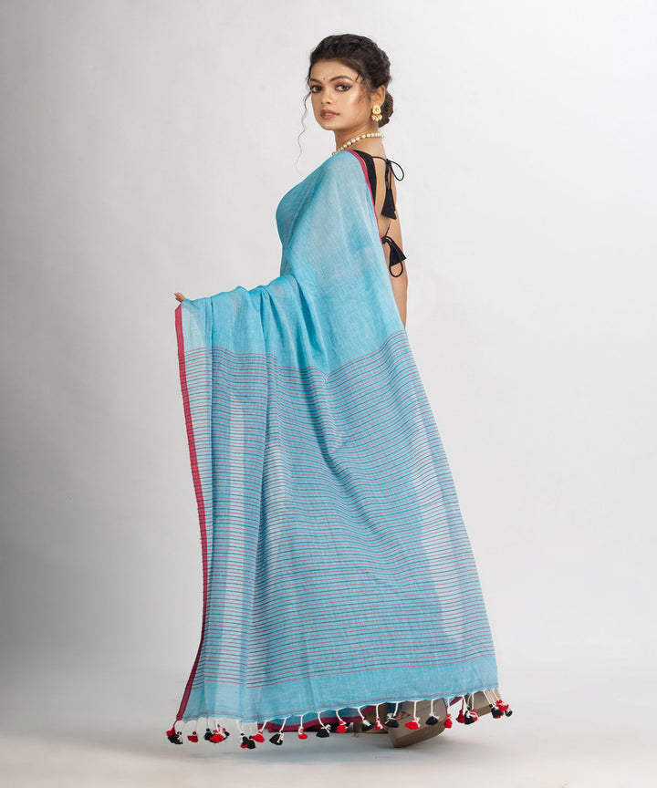 Sky blue handwoven cotton stripes bengal saree