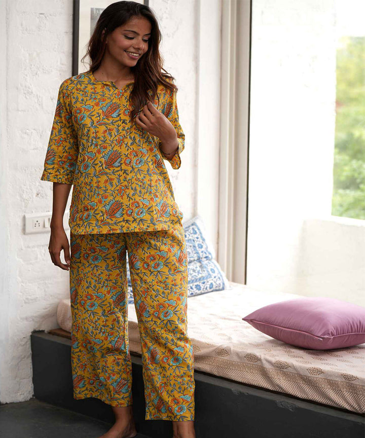 Yellow floral hand block printed cotton night suit set