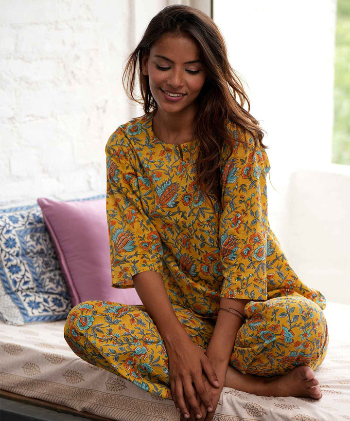 Yellow floral hand block printed cotton night suit set