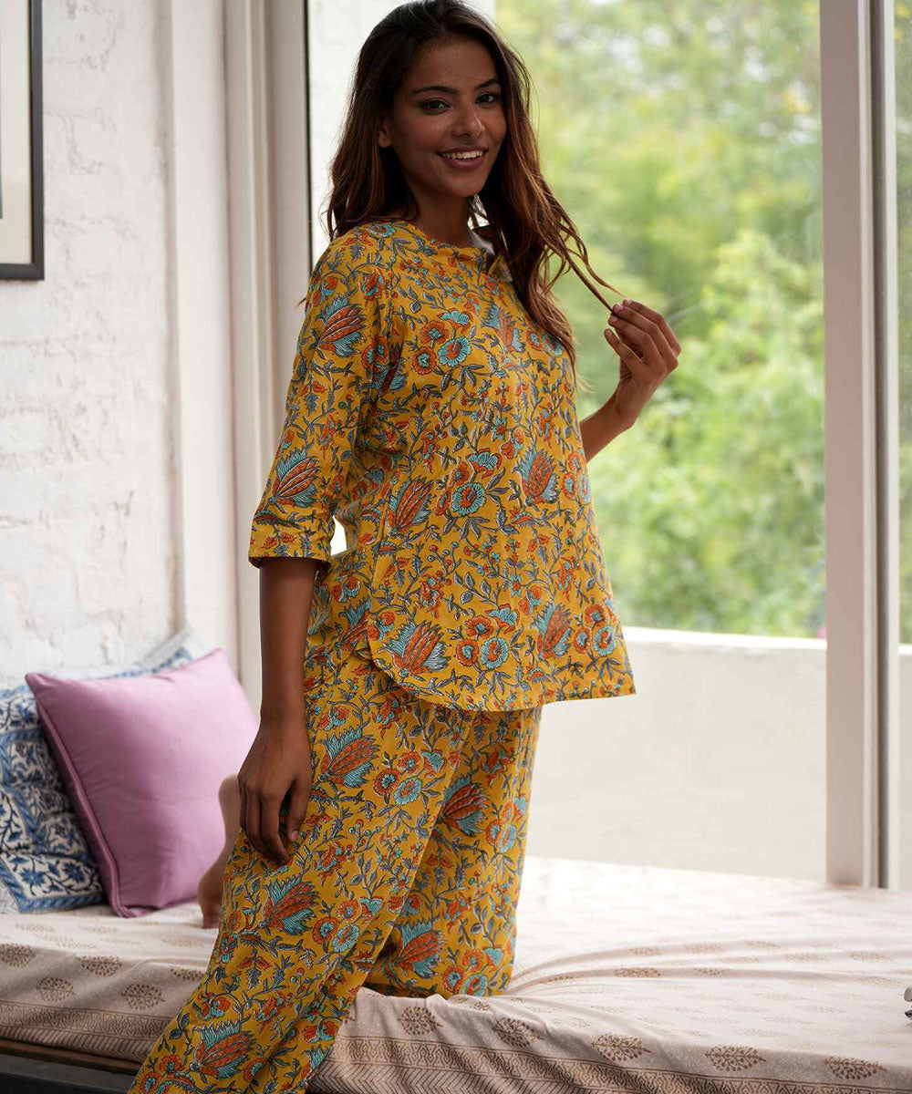 Yellow floral hand block printed cotton night suit set