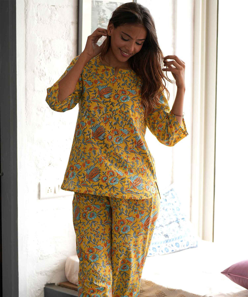 Yellow floral hand block printed cotton night suit set